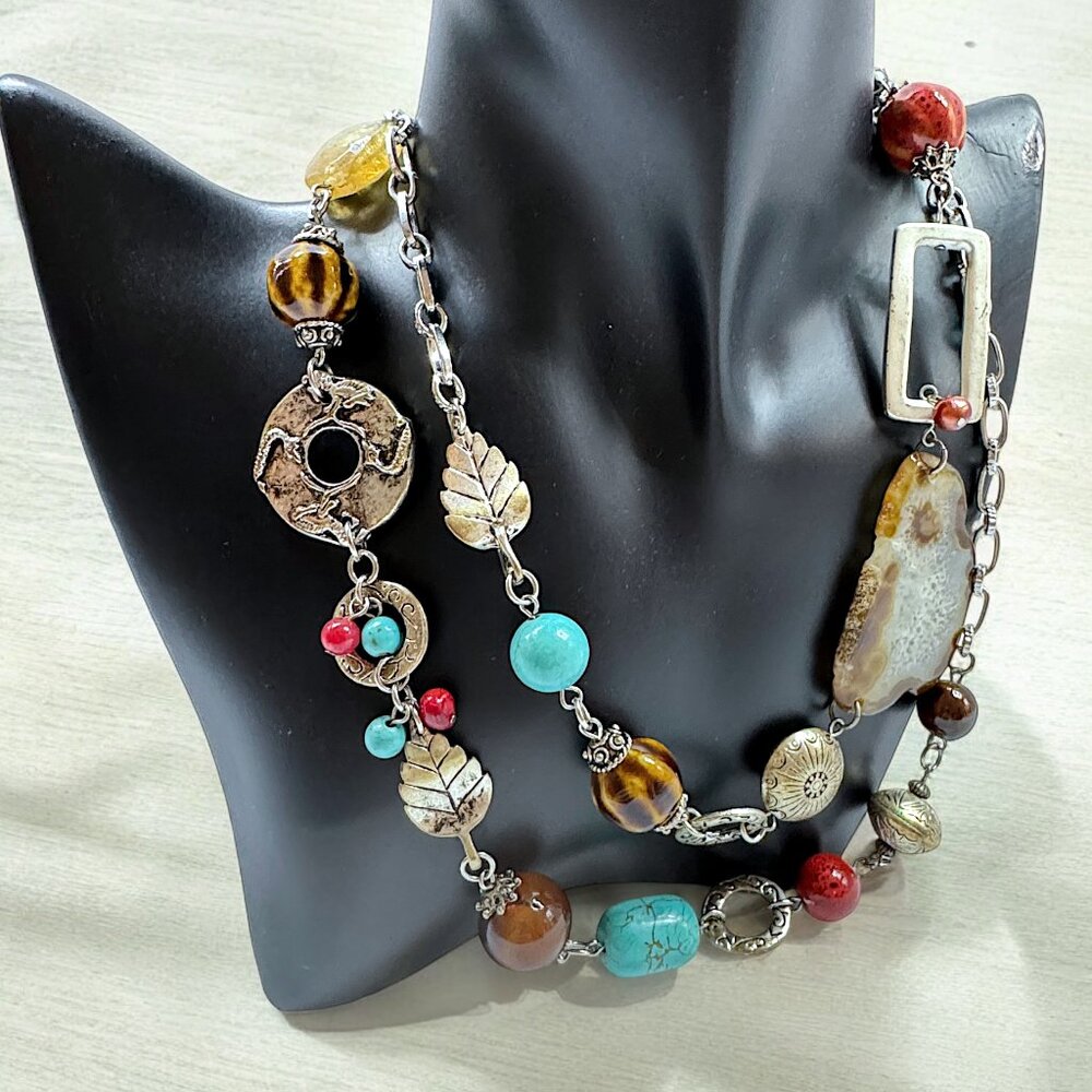 Silver Tone Long Necklace Various Stones Beads Agate Slice Fall Fashion